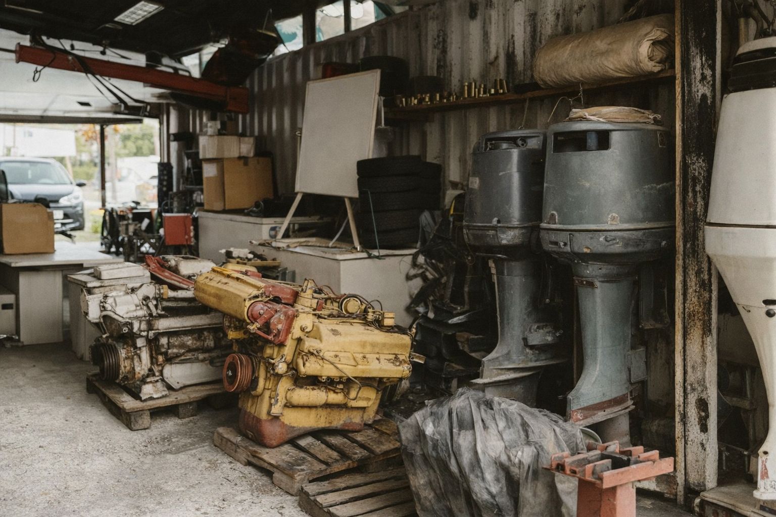 Båtmotorer och marinutrustning på lastpallar i en verkstadsmiljö.